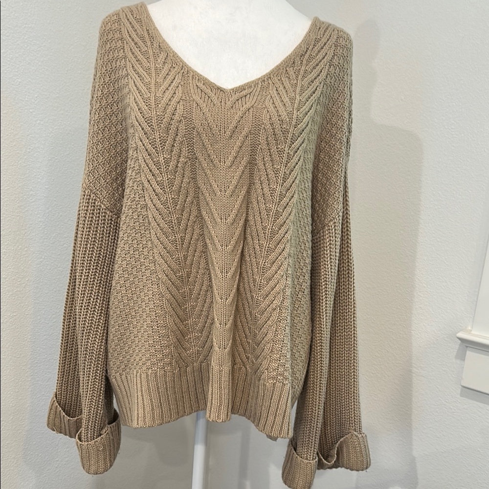 Elegant V-Neck Cable Knit Sweater in Tan - Picture 1 of 13